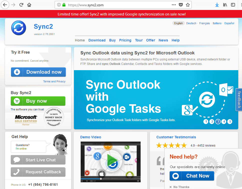 Website of the synchronization tool Outlook Google Calendar Sync