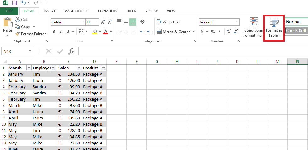 Data set formatted as a table in Excel