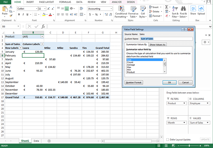 Changing the value field settings of a pivot table