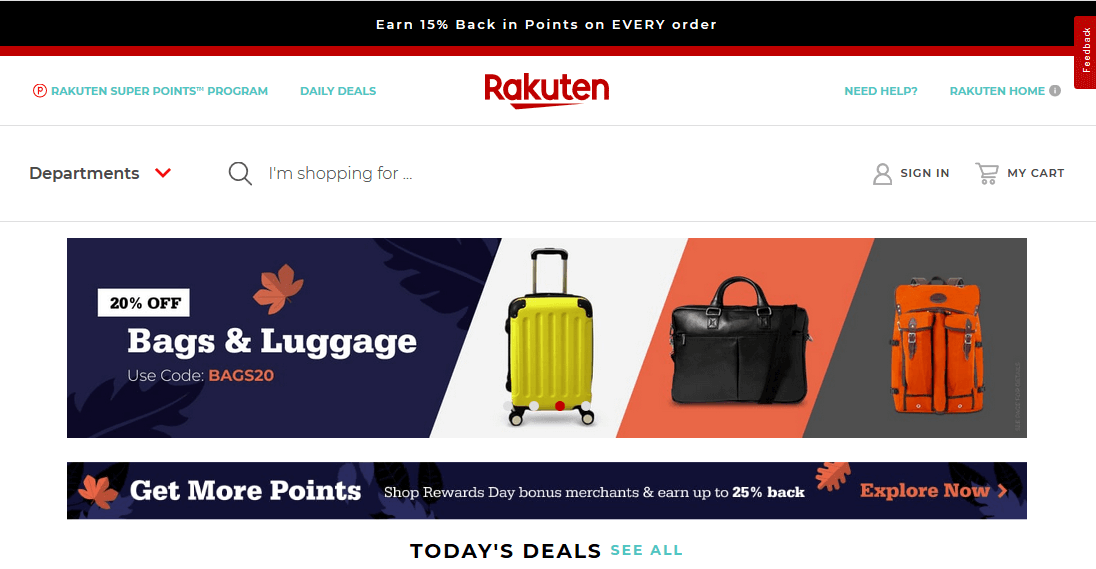 Screenshot of Rakuten’s homepage