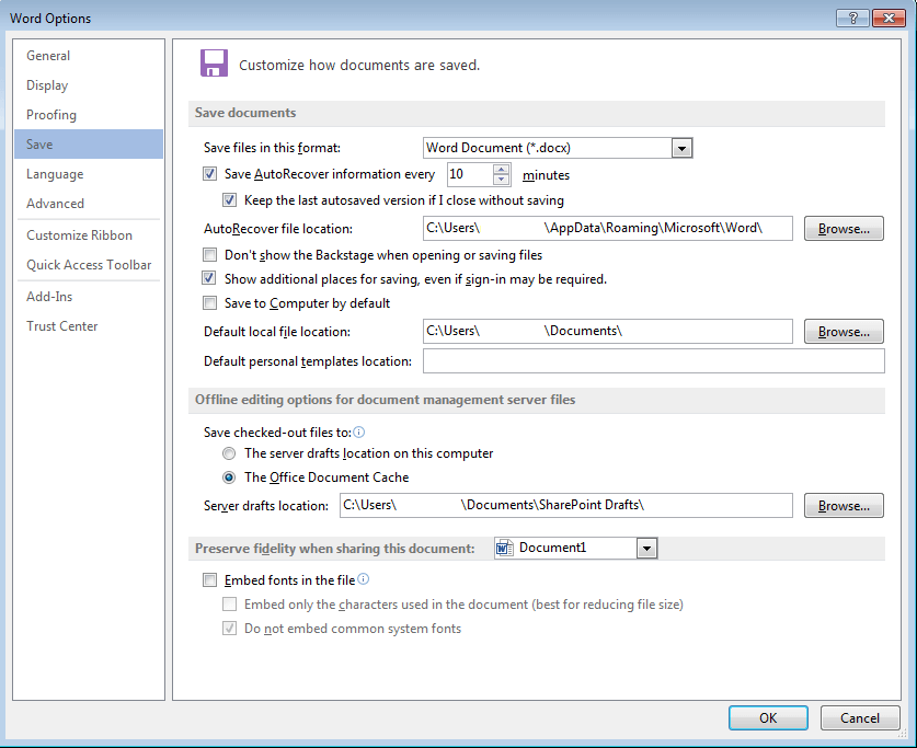 AutoRecover function under “Save” in “Word Options”