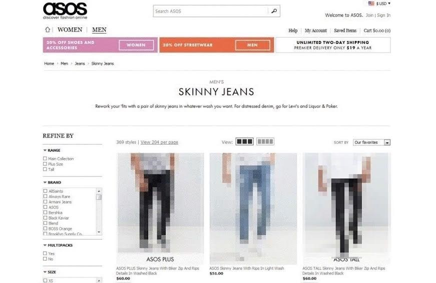 Screenshot of a subpage from the online clothes retailer ASOS with breadcrumb navigation