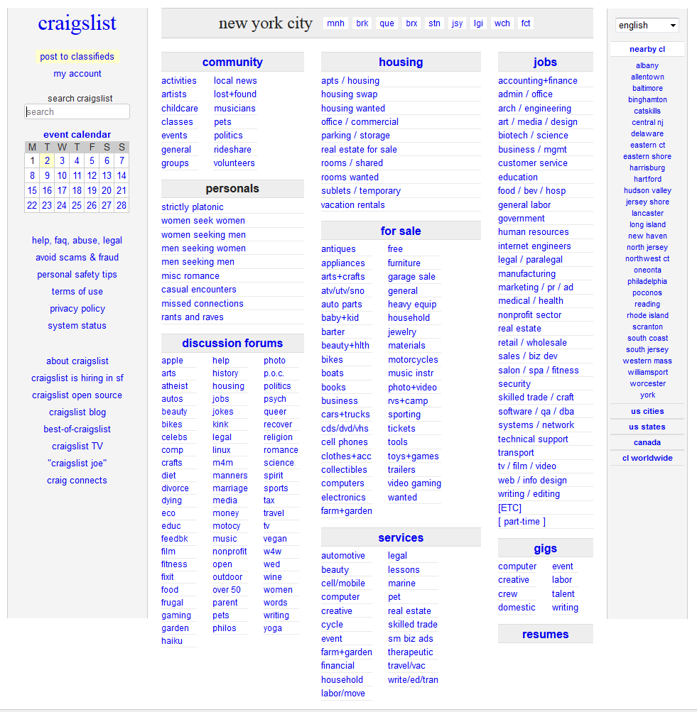 Website of the classifieds website Craigslist