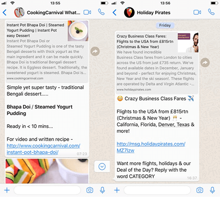 WhatsApp newsletters from various companies