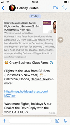 Screenshot of a WhatsApp message from Holiday Pirates