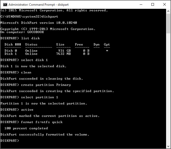 Command for the creation of a bootable USB drive in the Command Prompt
