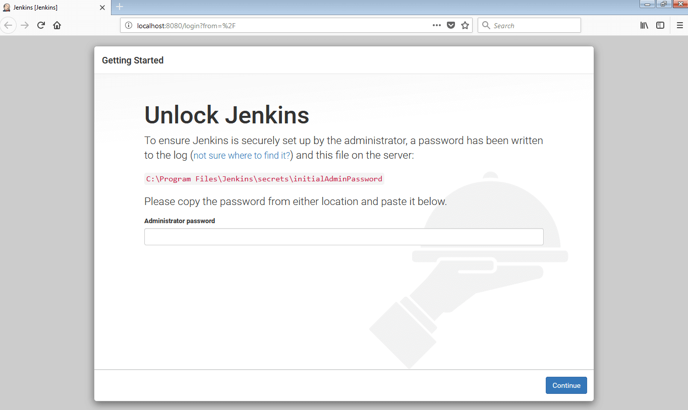 Prompt to unlock the Jenkins installation