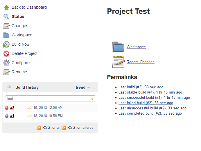 Status page of a project in Jenkins