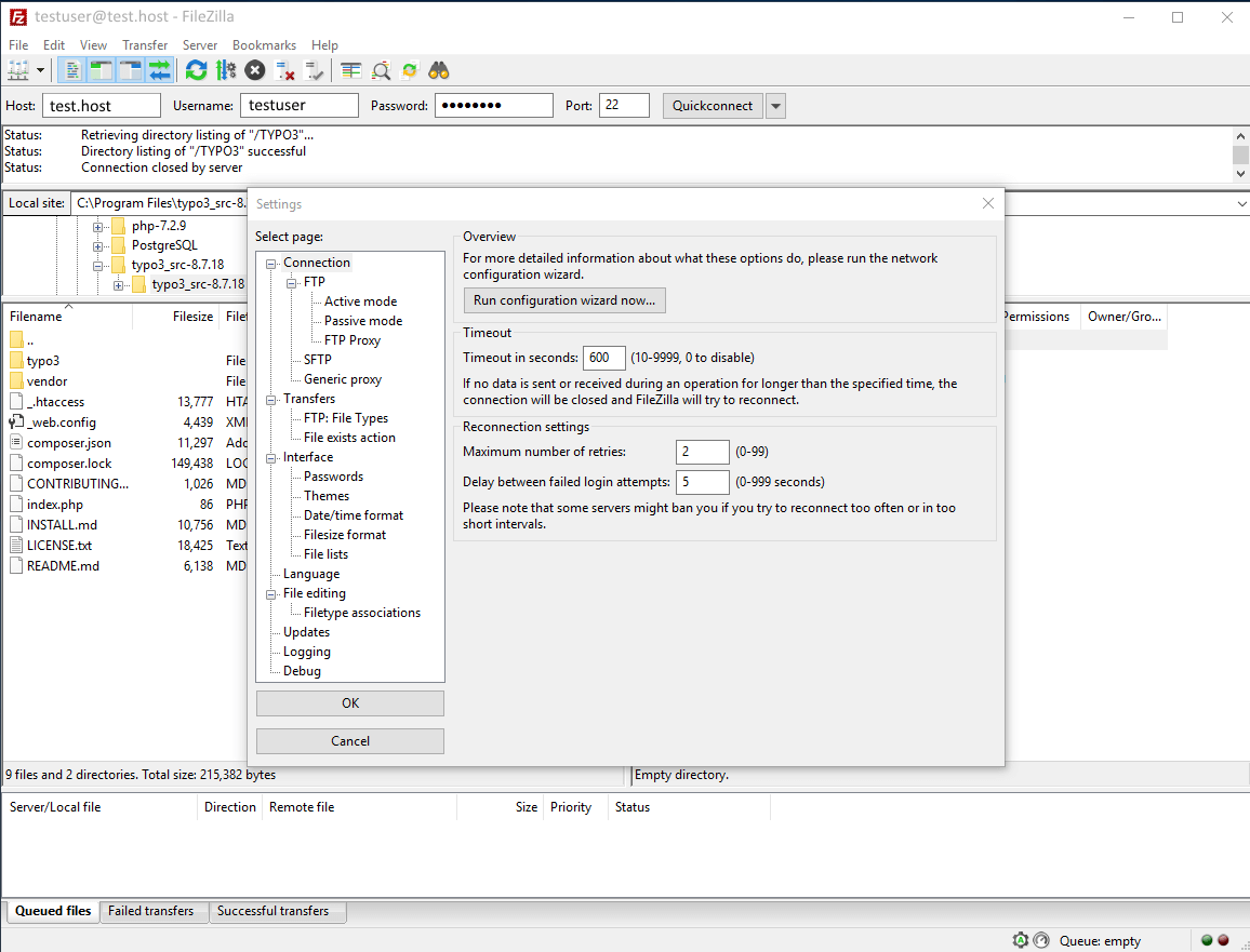 FileZilla’s interface for setting connections, transfer, user interface, file editing, updates, logging and debugging.