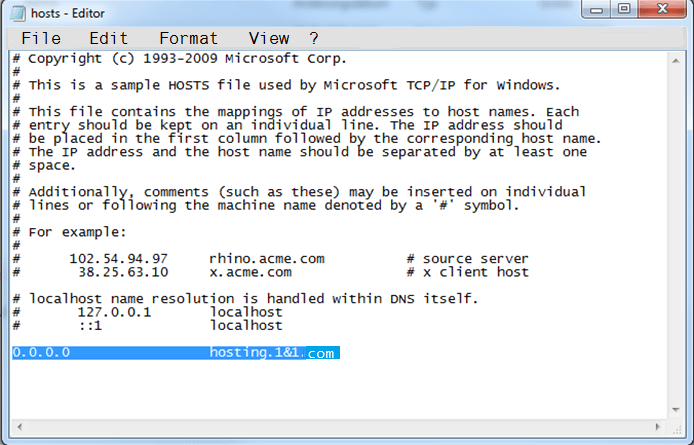 The hosts file on Windows 7 and Windows 10 in the editor