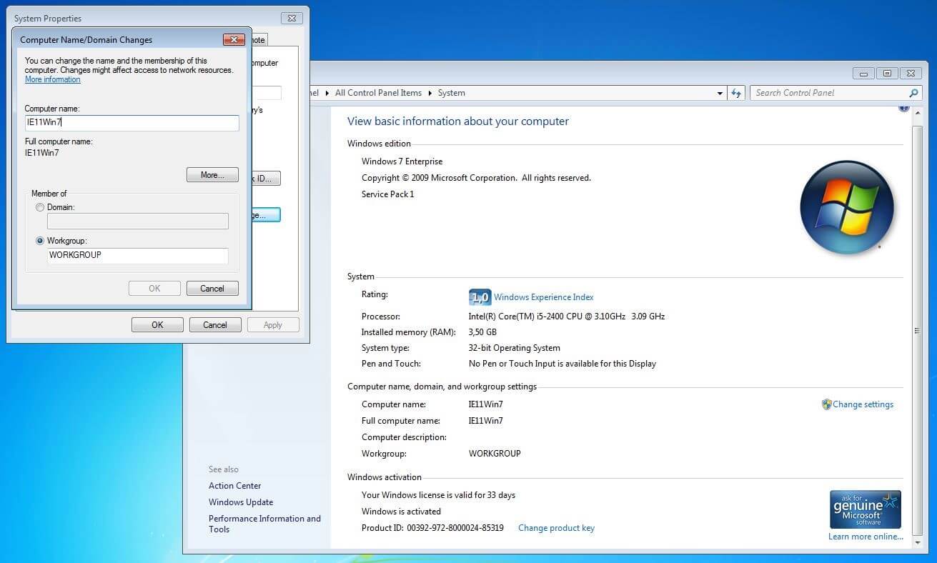 Changing the hostname in Windows 7 through the “system” menu.