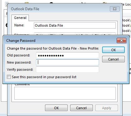 Outlook data file: menu for password change