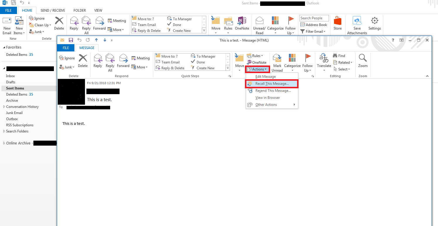 Outlook 2013 on Windows 7: The “Recall This Message” function