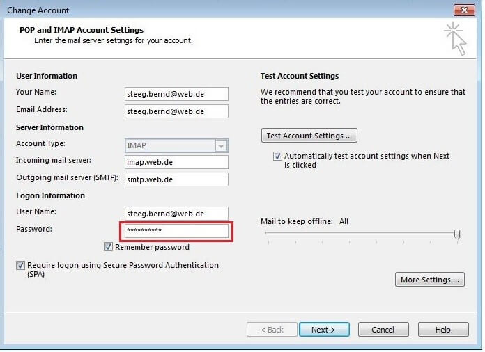 Server and registration settings for the selected e-mail account in Outlook 2016
