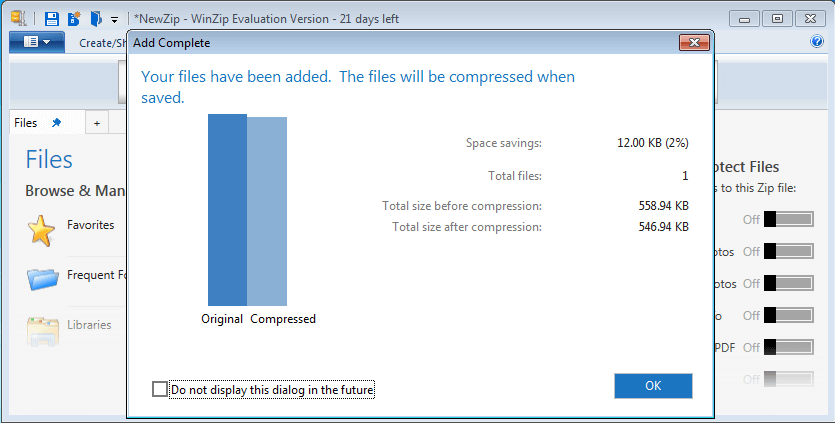 A WinZip window that displays the file size before and after compression