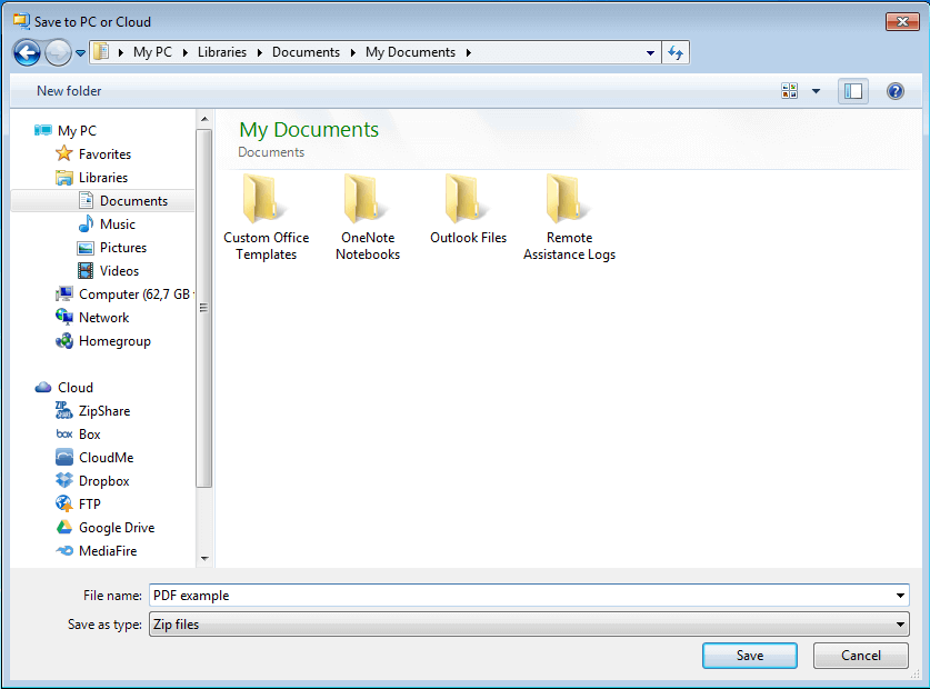 Window displaying possible folders in which to save the ZIP file