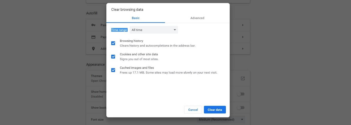Window for deleting history in Google Chrome