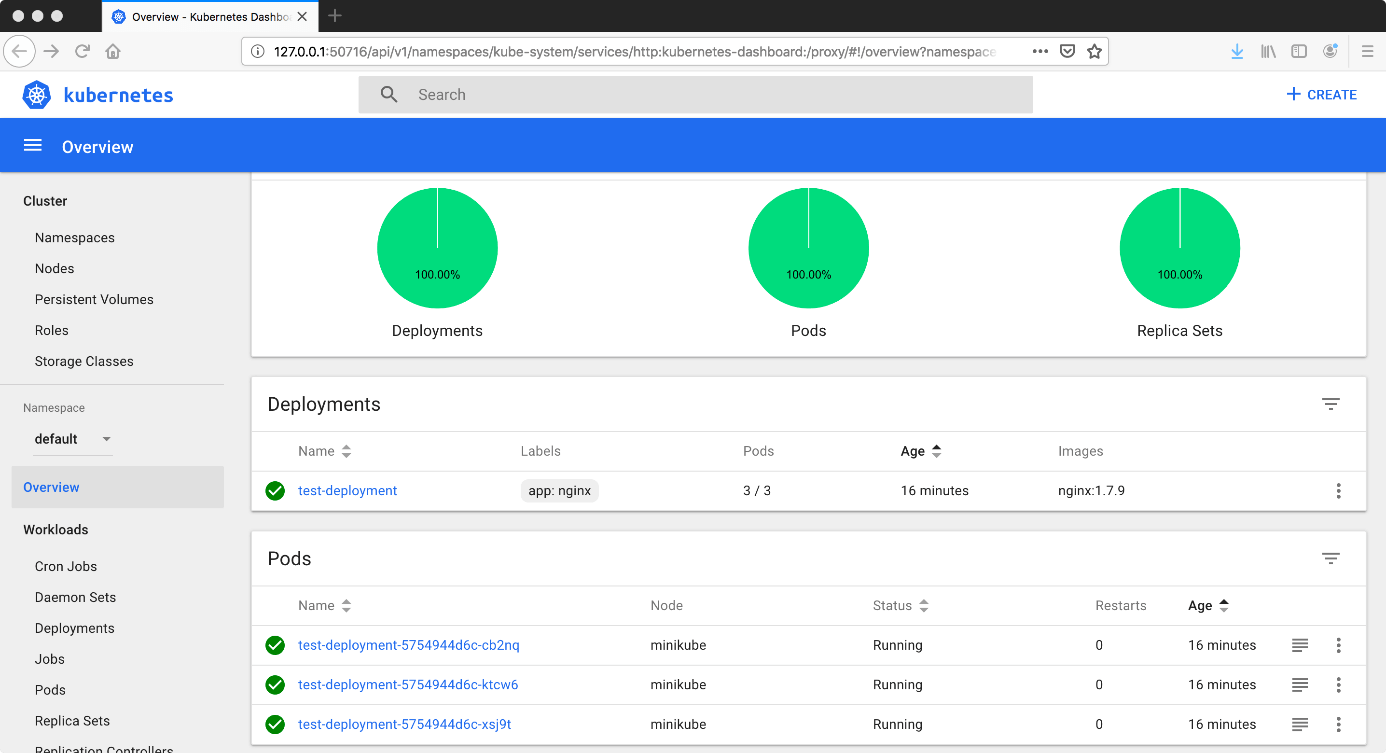 Kubernetes dashboard with a deployment and three pods