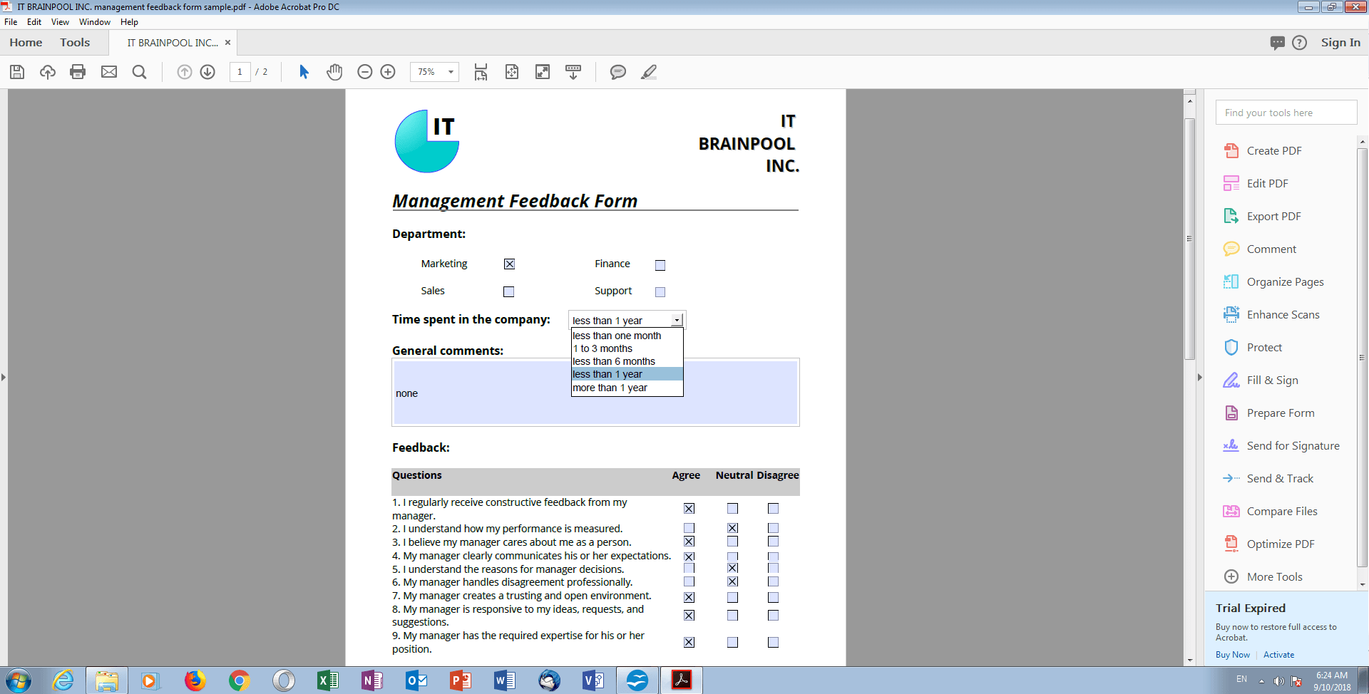 Example of a management feedback form in a PDF Reader