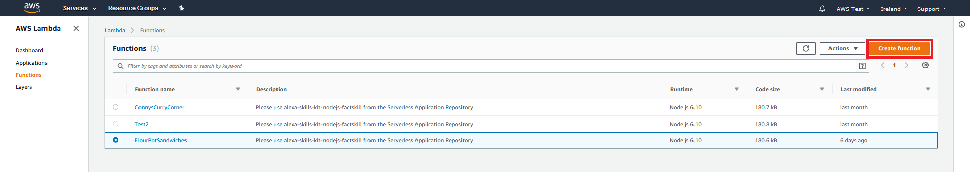 AWS Management Console: overview of Lambda functions already created (still empty).