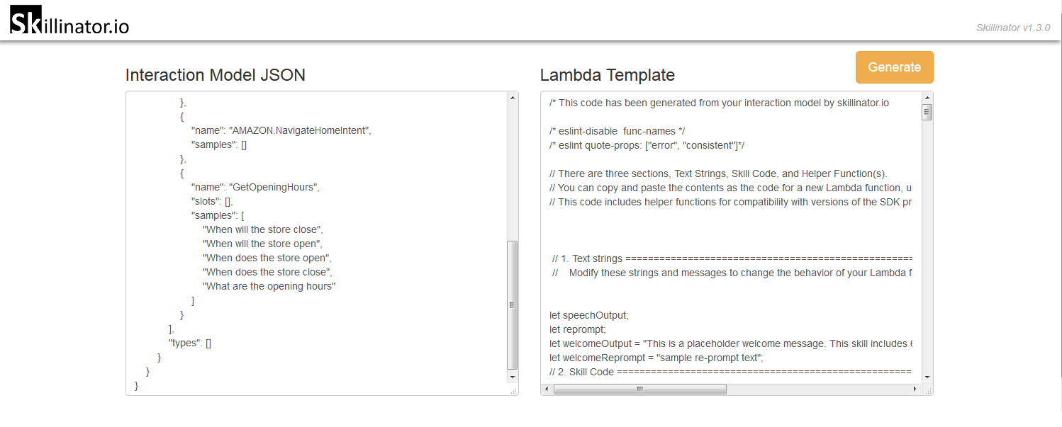 Skillinator.io: creating a Lambda template based on the interaction model