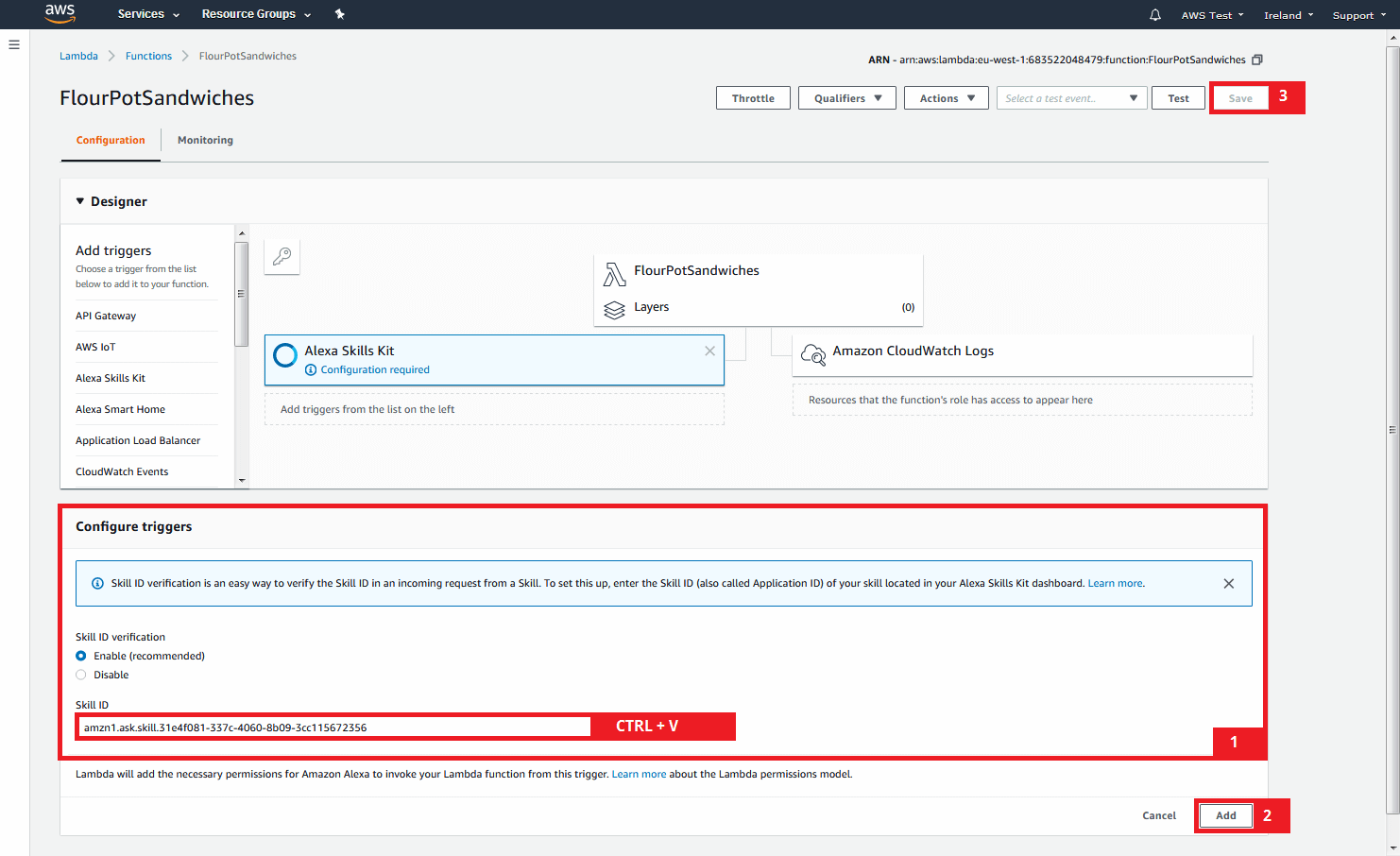 AWS Management Console: linking the trigger through the qualification ID