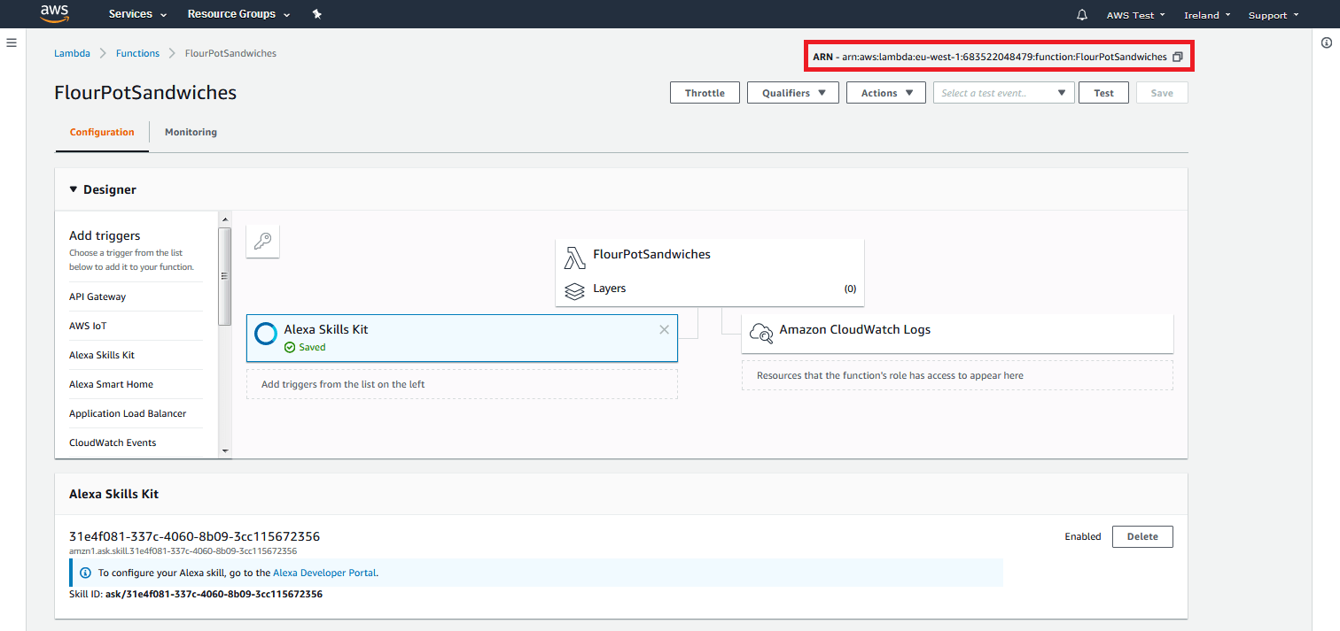 AWS Management Console: the ARN of the Lambda function