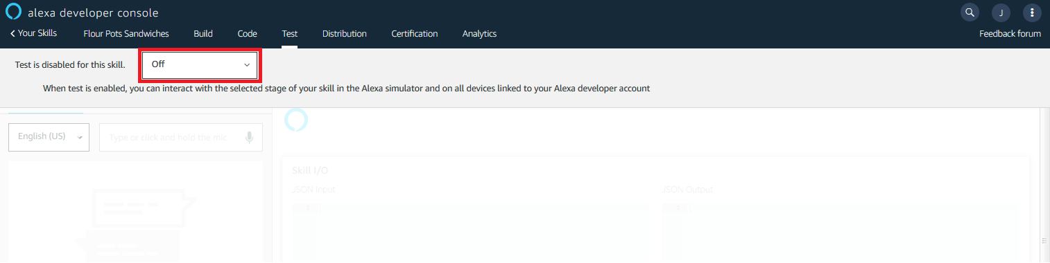 Alexa Developer Console: test environment