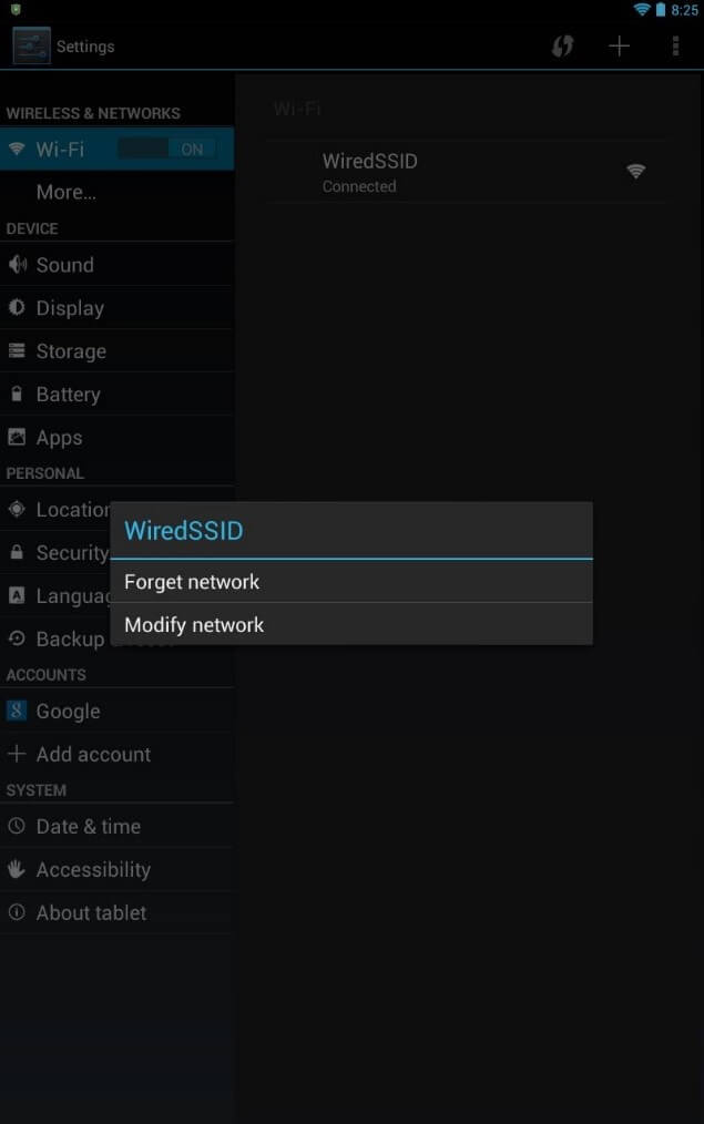 Android system settings: Wi-Fi