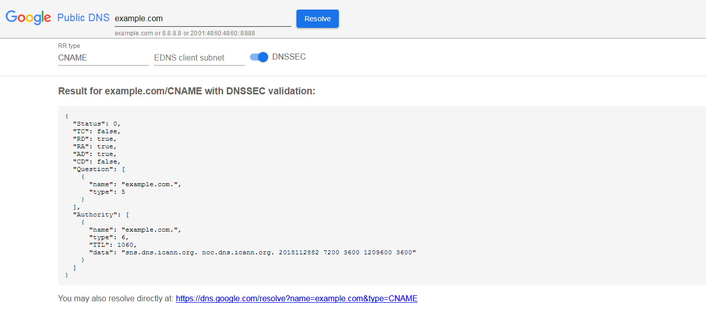 CNAME check with Google’s Public DNS