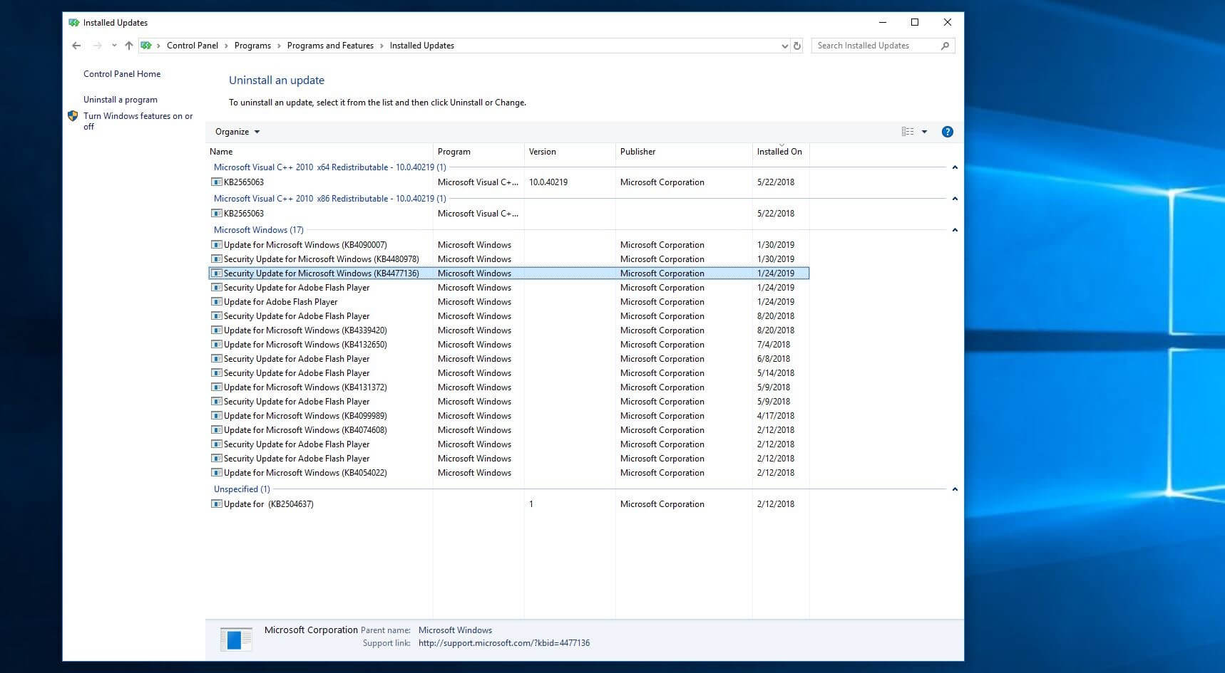 Overview of installed updates in Windows 10