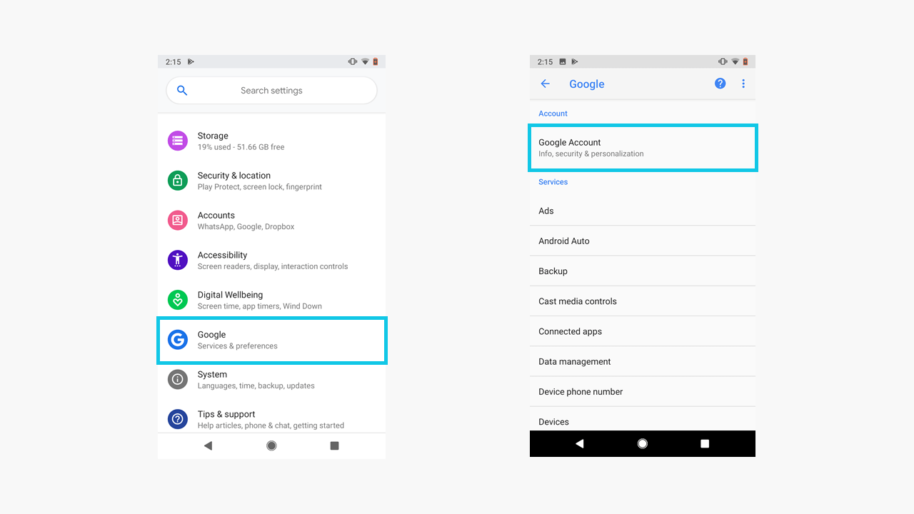 Android smartphone settings