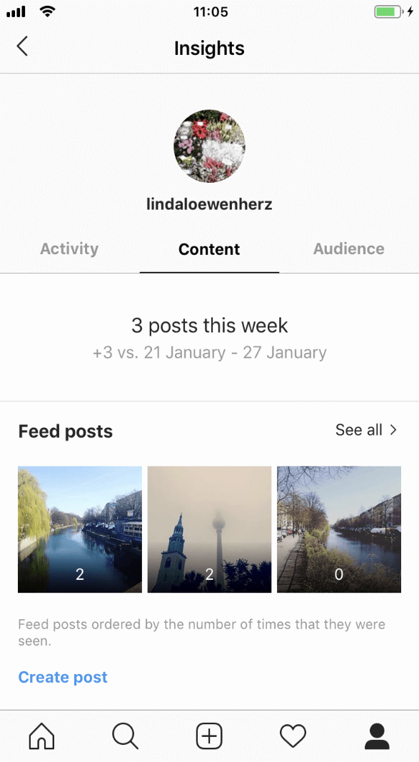 Content area of Instagram Insights