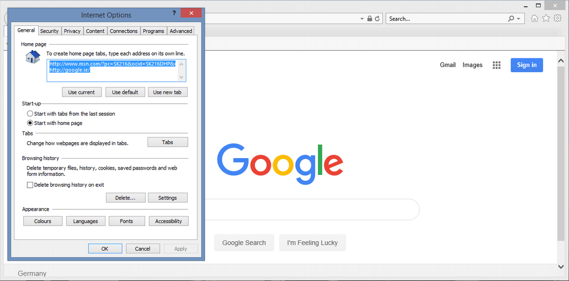 Internet options in Windows 7