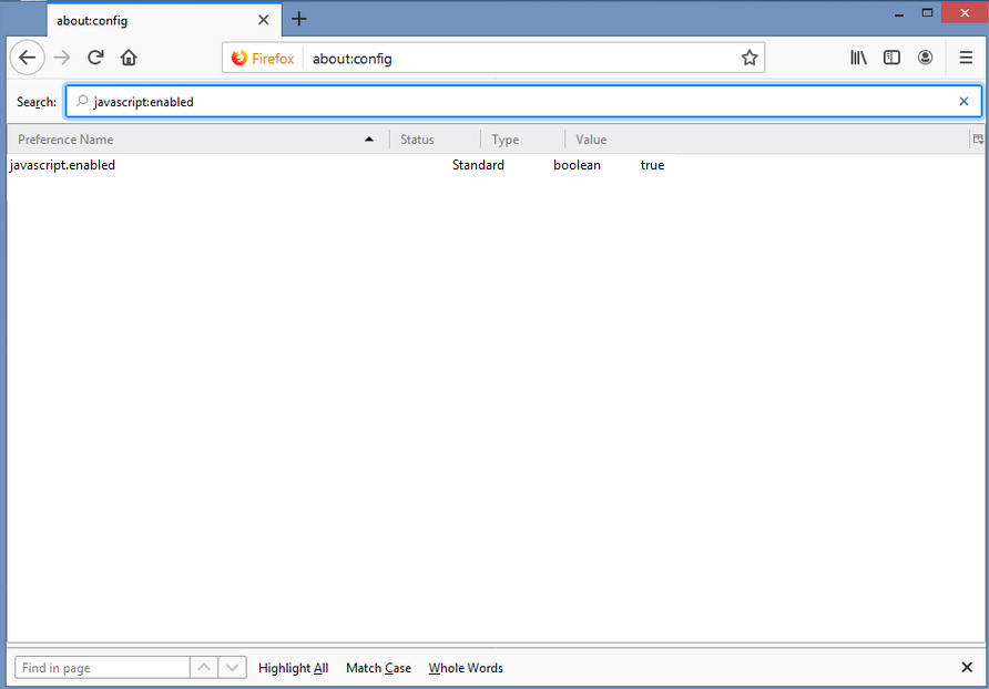 The configuration editor of the web browser Firefox: the function “javascript.enabled”