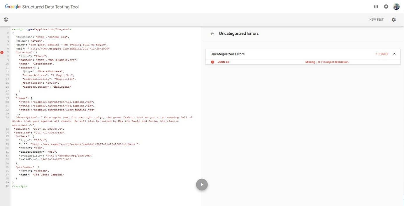 Google Structured Data Testing Tool after validation: syntax error located