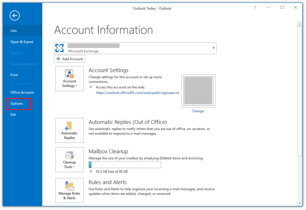 Outlook: The “File” tab