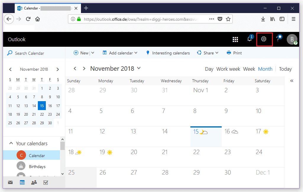 Outlook on the web: calendar view without week numbering