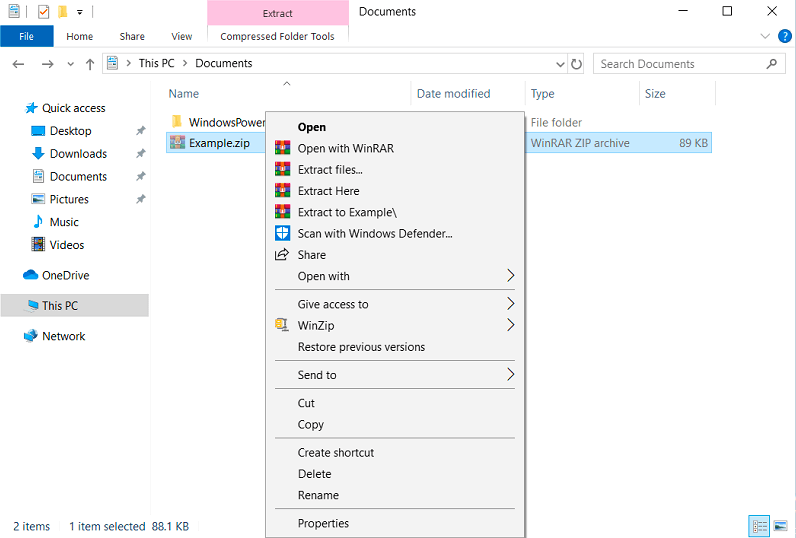 WinRAR integration in the Windows File Explorer’s shortcut menu