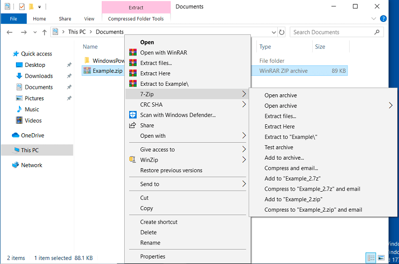 7-Zip integration in the Windows File Explorer shortcut menu