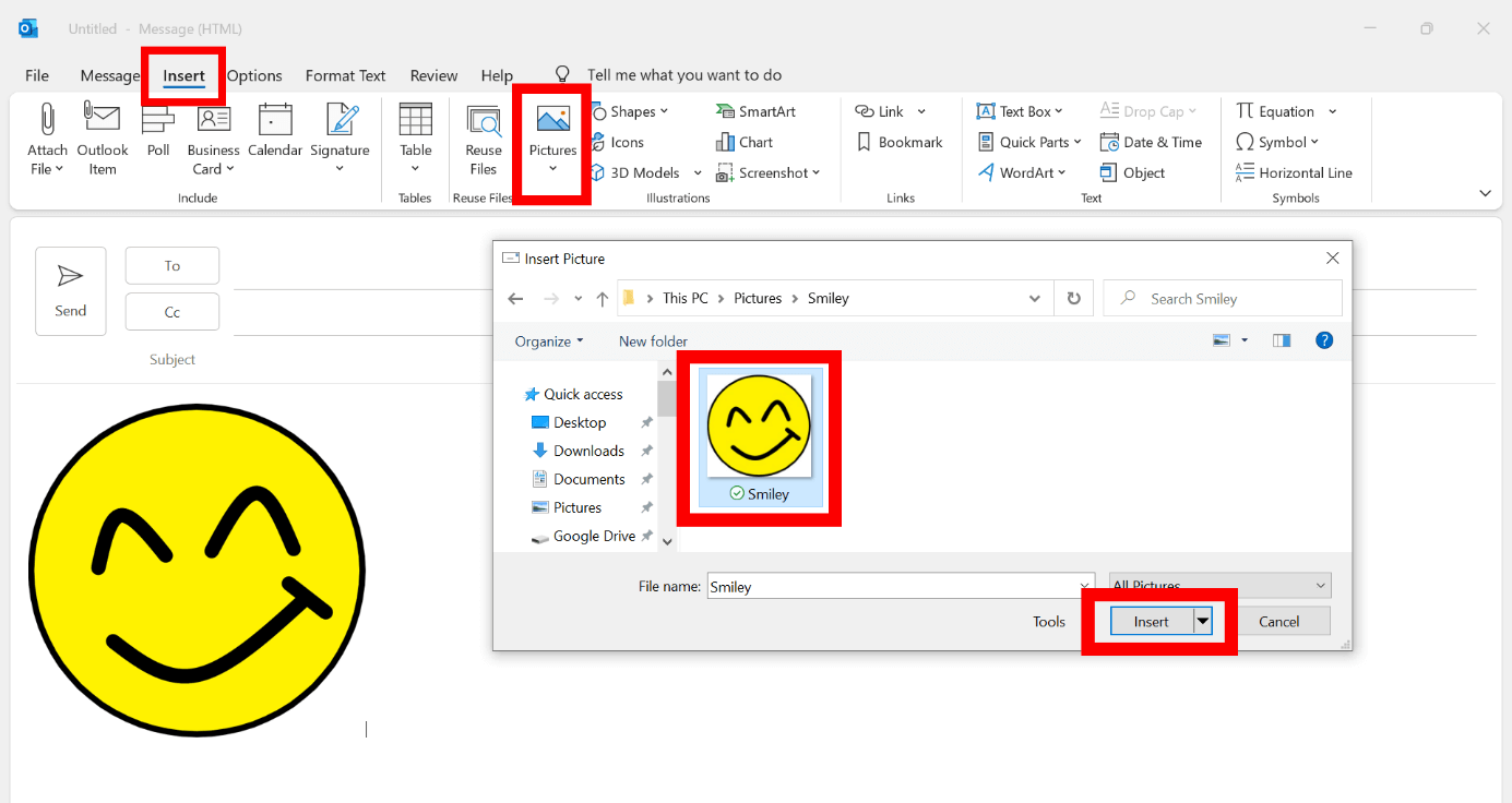 Screenshot of Outlook 2021: Menu for inserting pictures
