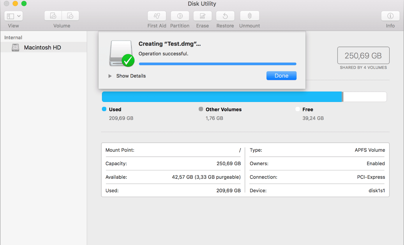 The macOS hard drive service program: Progress bar