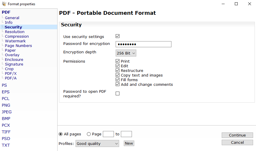 PDF24 Creator: “Security” menu