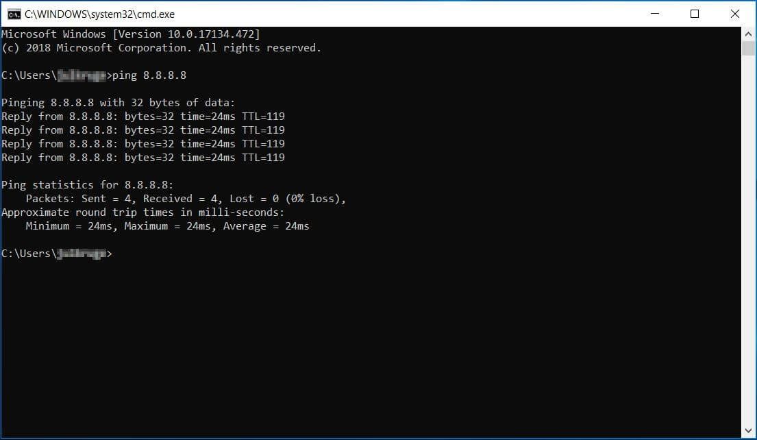 Ping statistics in the Windows terminal