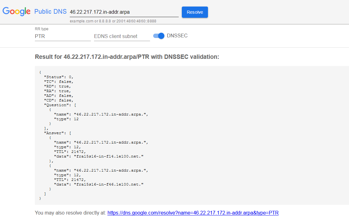 PTR record check with Google’s Public DNS
