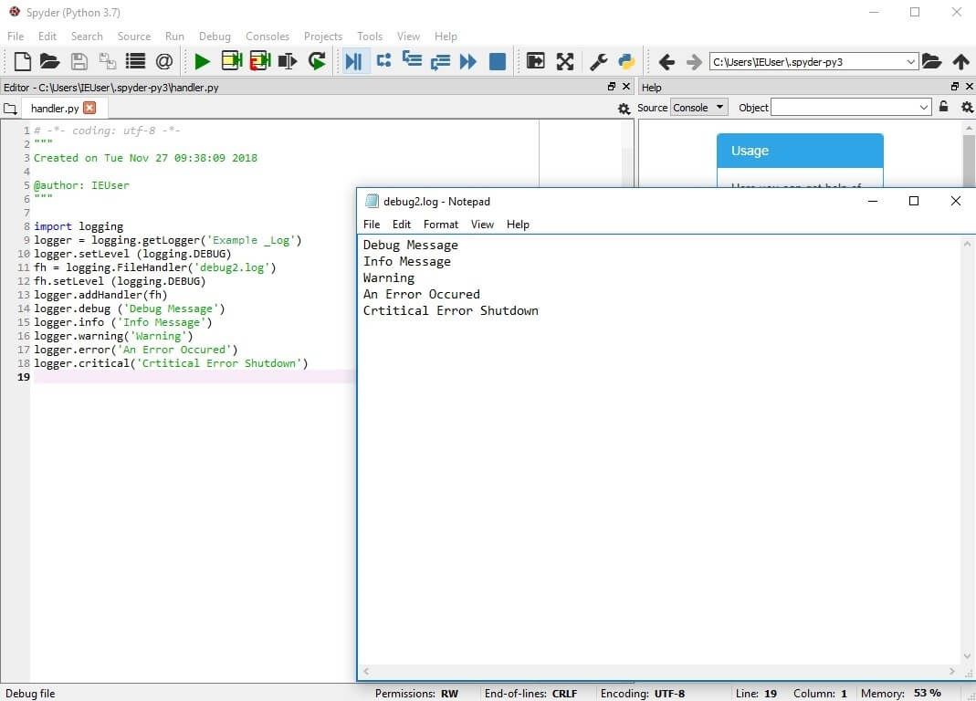 Python editor with logging functions and log file.