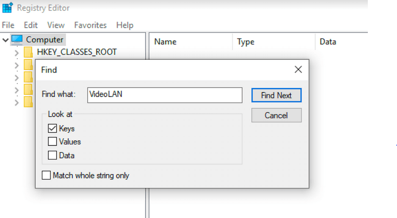 Regedit: Example search for the term “VideoLAN”