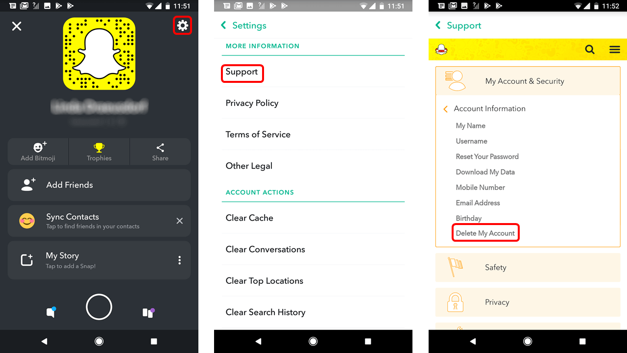 Delete your Snapchat account URL window on the app
