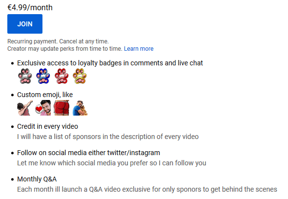 Example of what a YouTube sponsor could receive