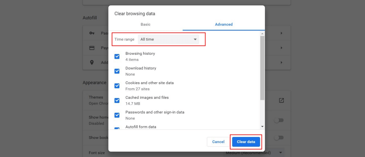“Clear browsing data” box in Google Chrome